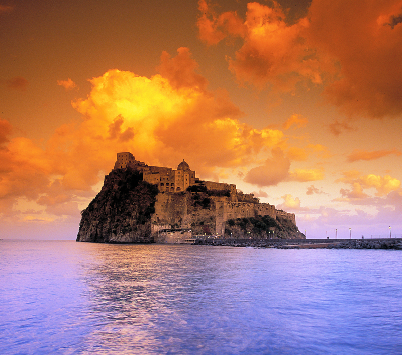 Aragonese Castle in Ischia at sunset